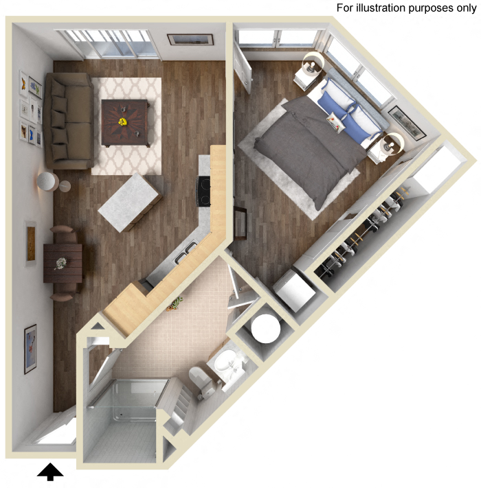 Floor plan for studio, 1 bath, 591 sqft